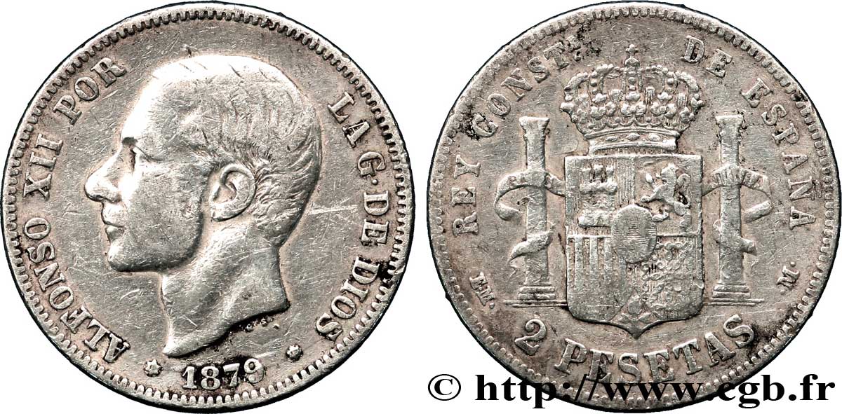 ESPAÑA 2 Pesetas Alphonse XII / emblème couronné (1879) 1879  BC 