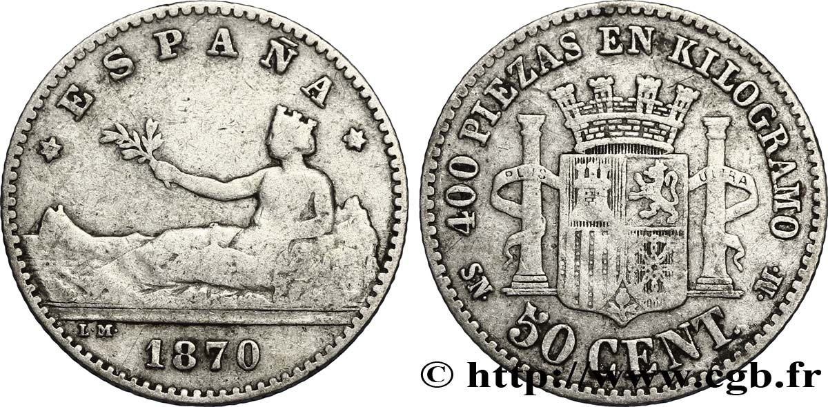 SPAIN 50 Centimos “ESPAÑA” allongée / emblème 1870 Madrid VF 