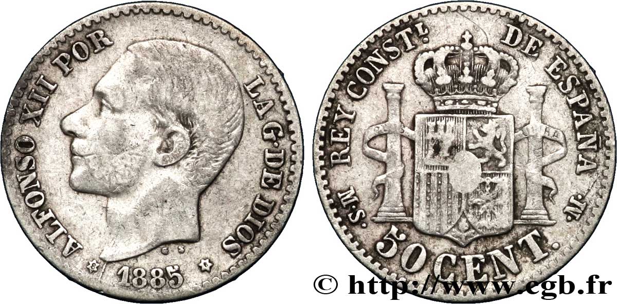 SPAIN 50 Centimos Alphonse XII (1886)  / emblème couronné 1885 Madrid VF 