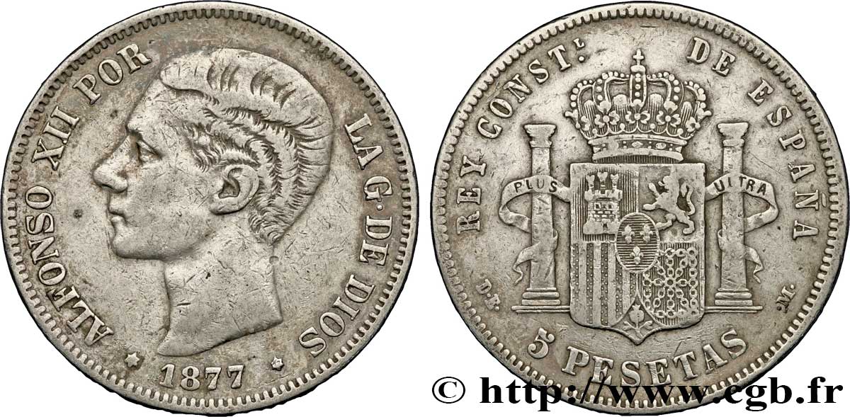 SPANIEN 5 Pesetas Alphonse XII / emblème couronné (1877) D.E. - .M. 1877 Madrid S 