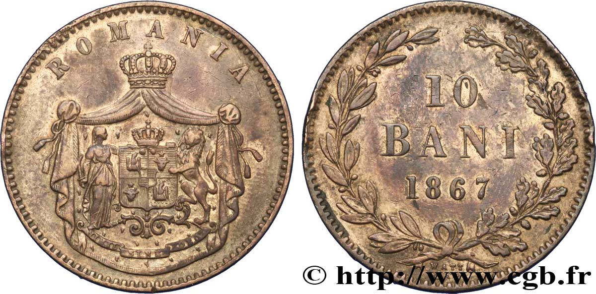 ROMANIA 10 Bani armes 1867 Watt & Co AU 