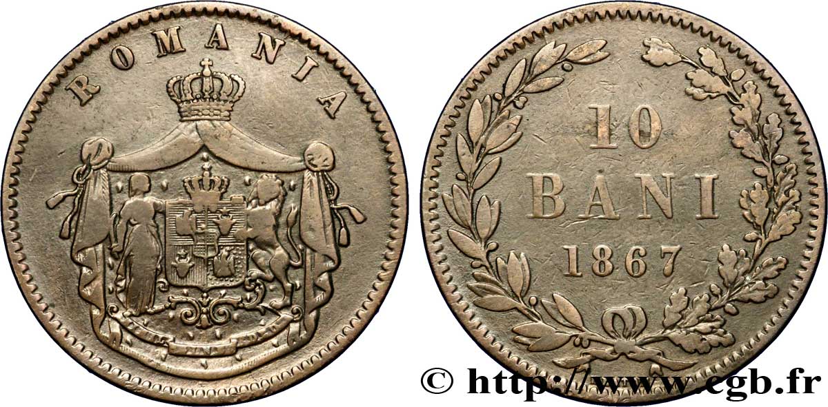 RUMANIA 10 Bani armes 1867 Heaton BC 