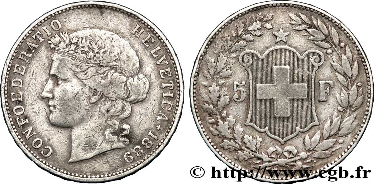 SWITZERLAND 5 Francs Helvetia buste 1889 Berne - B VF 