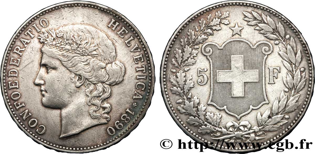 SVIZZERA  5 Francs Helvetia buste 1890 Berne BB 