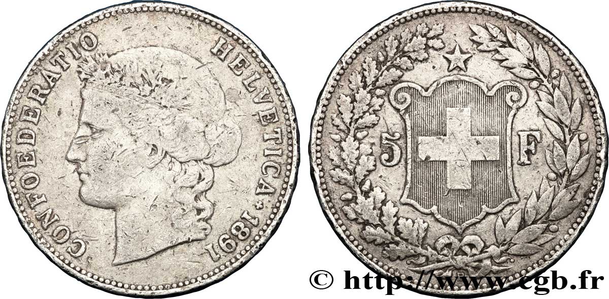 SWITZERLAND 5 Francs Helvetia buste 1891 Berne - B VF 