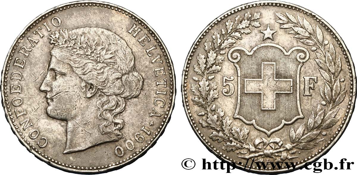 SUISSE - CONFÉDÉRATION HELVÉTIQUE 5 Francs Helvetia 1900 Berne TTB 