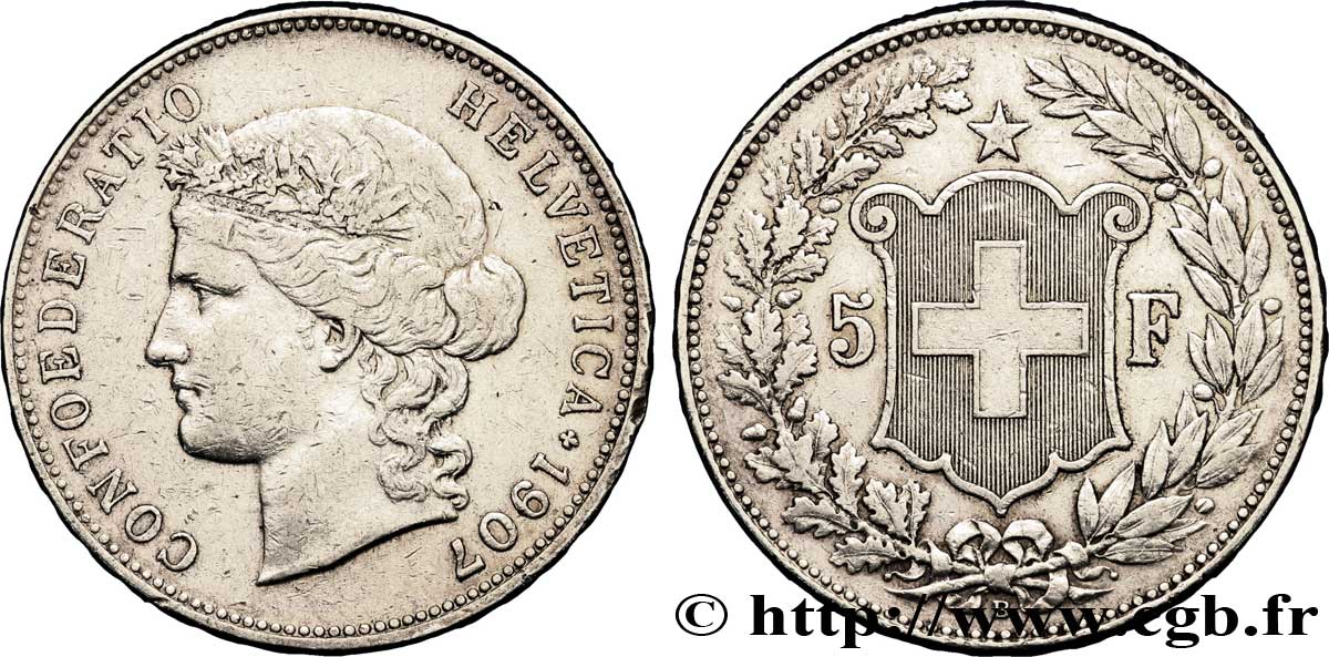 SWITZERLAND 5 Francs Helvetia buste 1907 Berne - B XF 