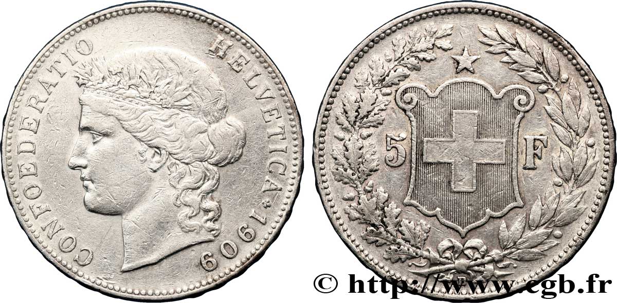 SVIZZERA  5 Francs Helvetia buste 1909 Berne BB 