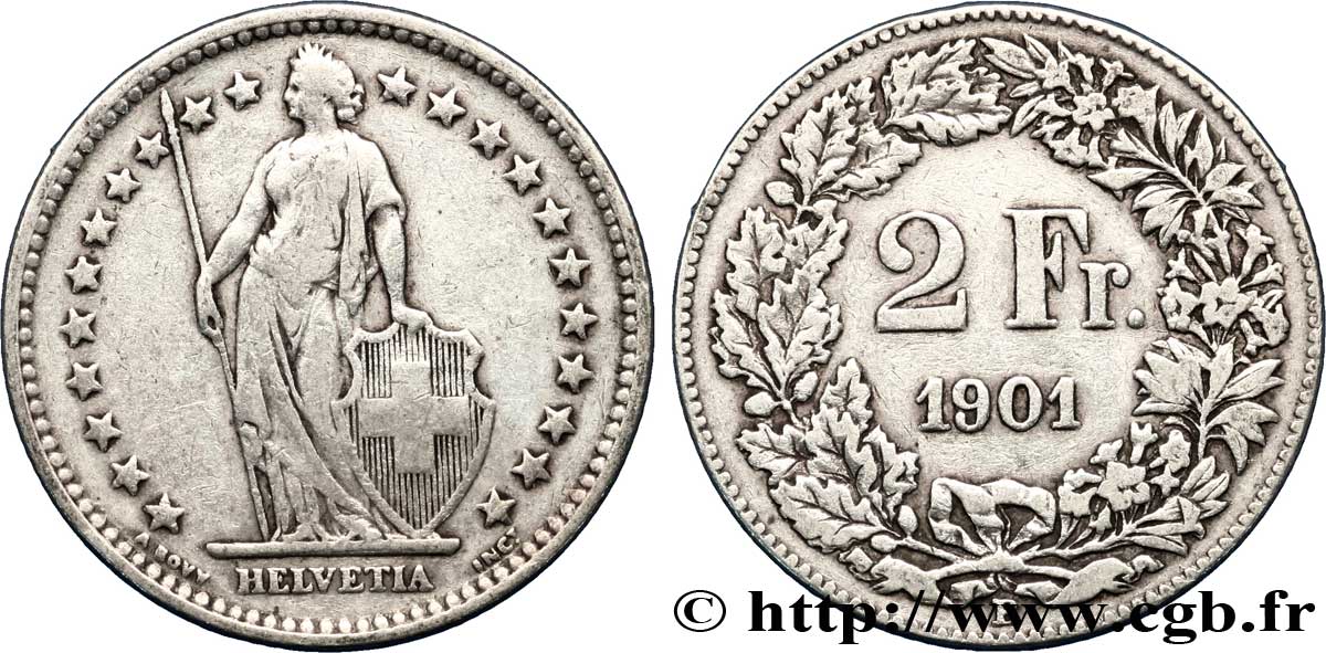SWITZERLAND 2 Francs Helvetia 1901 Berne - B VF 