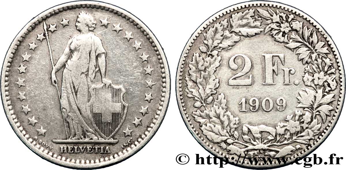 SUIZA 2 Francs Helvetia 1909 Berne - B BC 