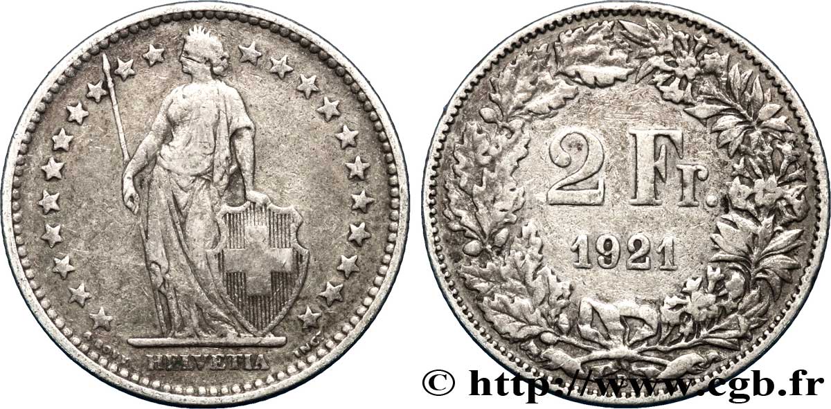 SUIZA 2 Francs Helvetia 1921 Berne BC+ 
