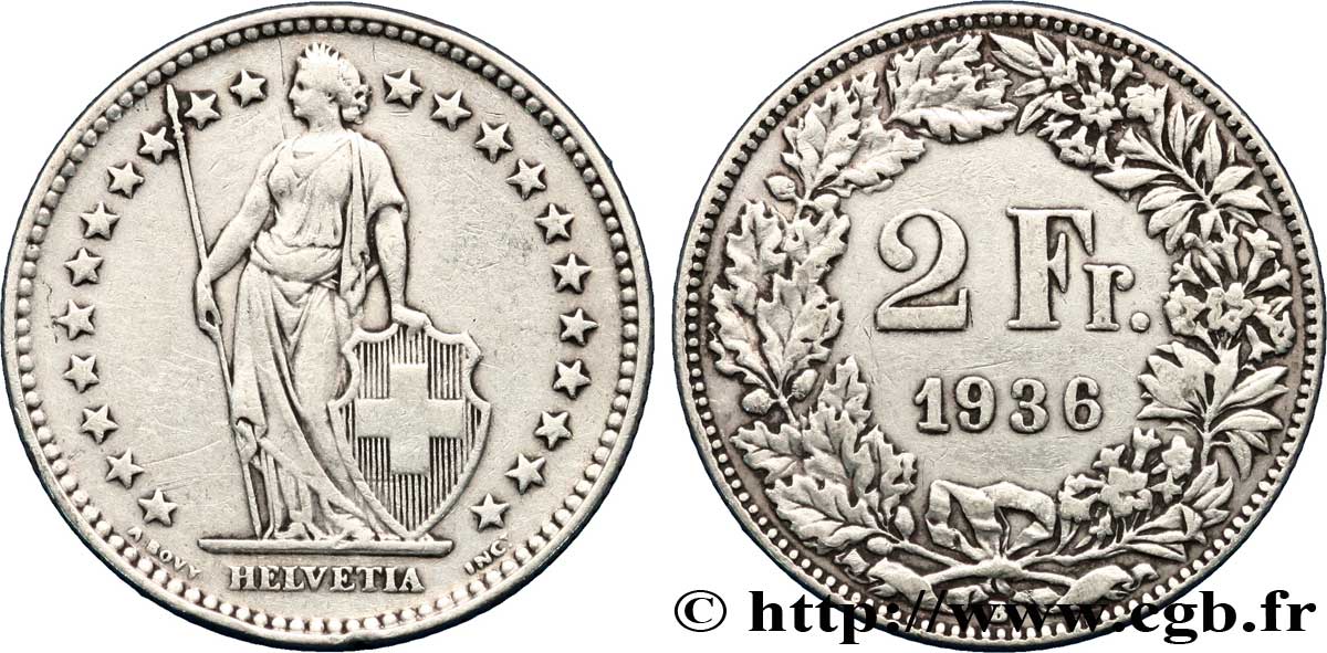 SWITZERLAND 2 Francs Helvetia 1936 Berne - B VF 