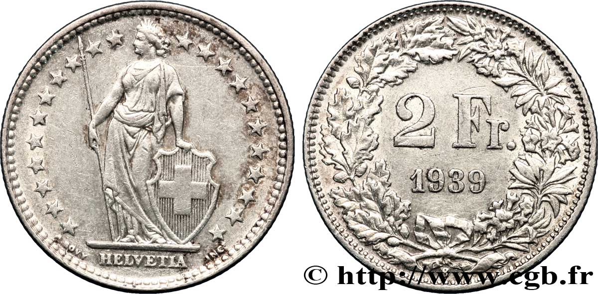 SWITZERLAND 2 Francs Helvetia 1939 Berne - B AU 