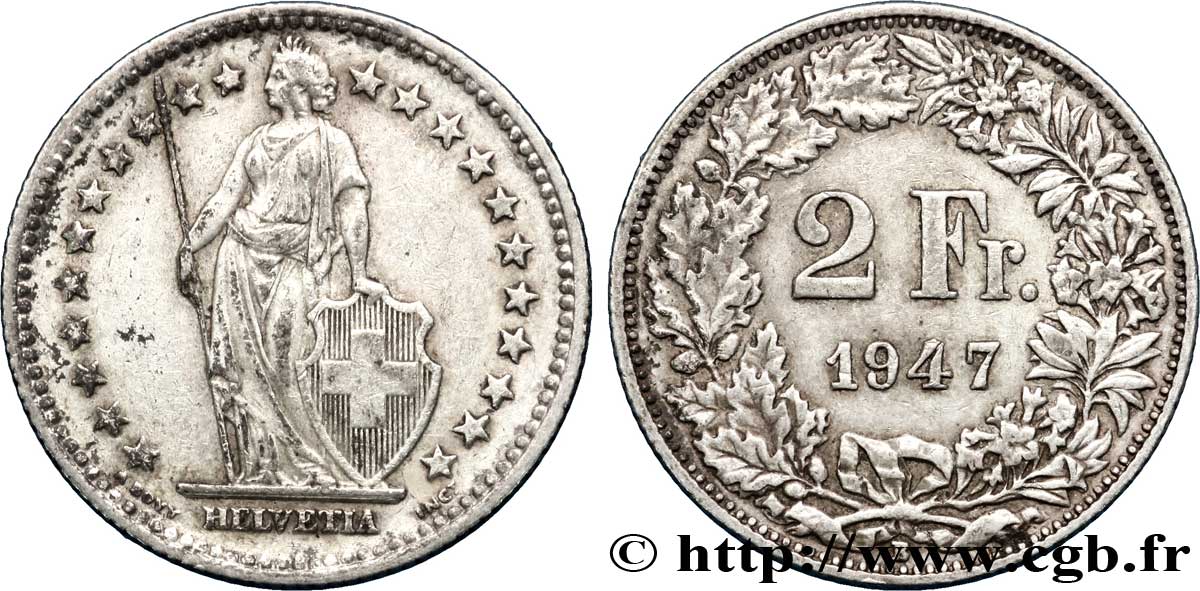 SWITZERLAND 2 Francs Helvetia 1947 Berne XF 