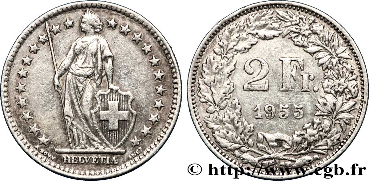 SVIZZERA  2 Francs Helvetia 1955 Berne - B BB 