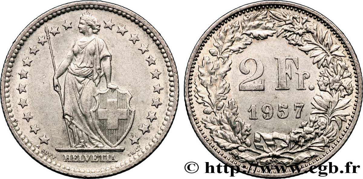 SUIZA 2 Francs Helvetia 1957 Berne EBC 