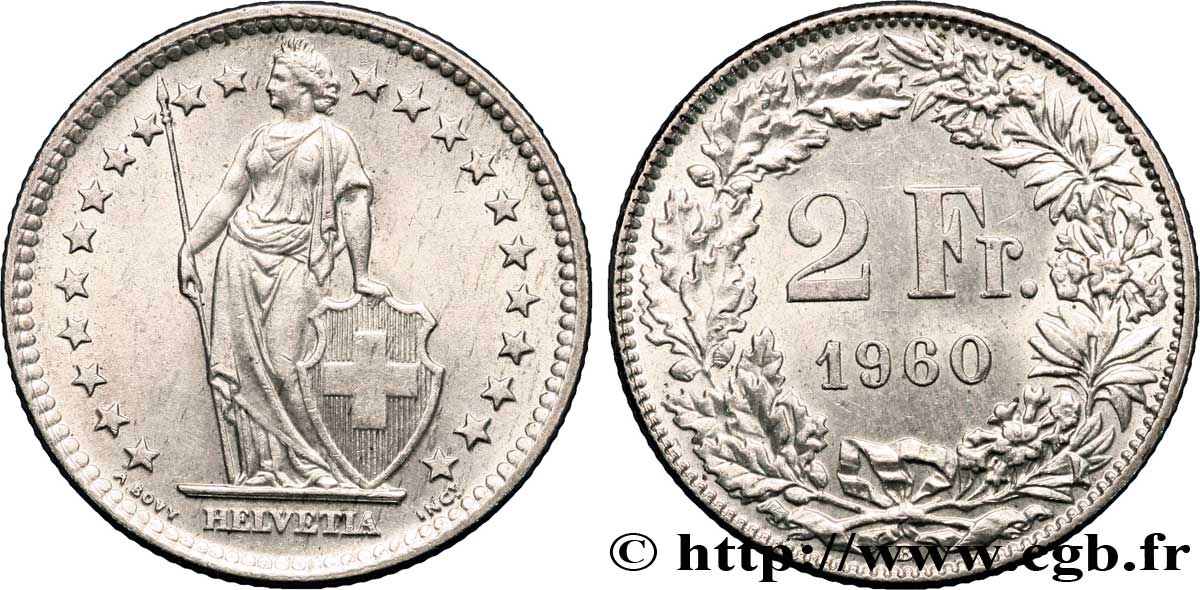 SWITZERLAND 2 Francs Helvetia 1960 Berne - B AU 