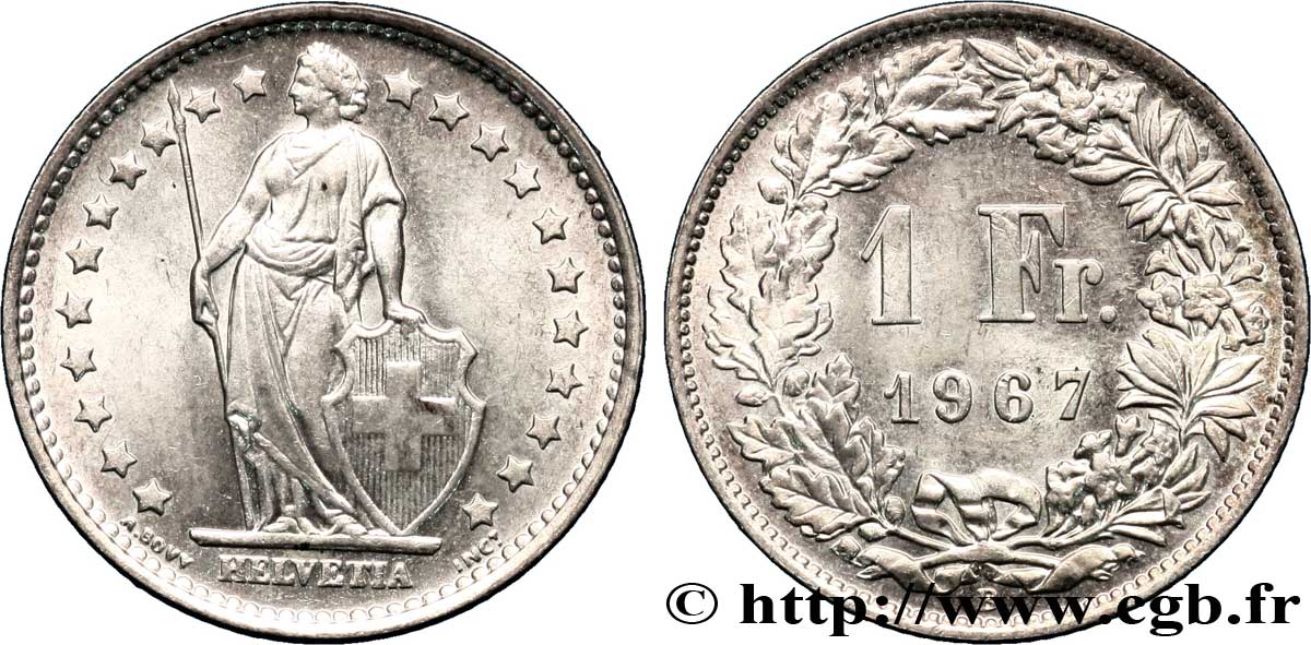 SWITZERLAND 1 Franc Helvetia 1967 Berne - B AU 
