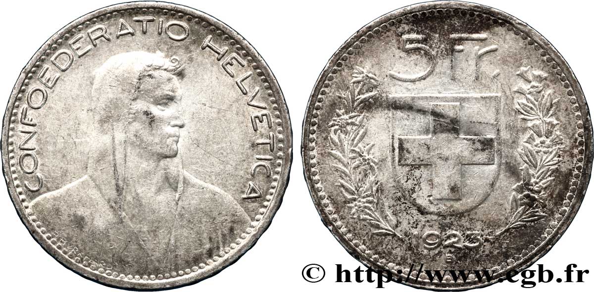 SWITZERLAND 5 Francs berger / écu 1923 Berne - B AU 