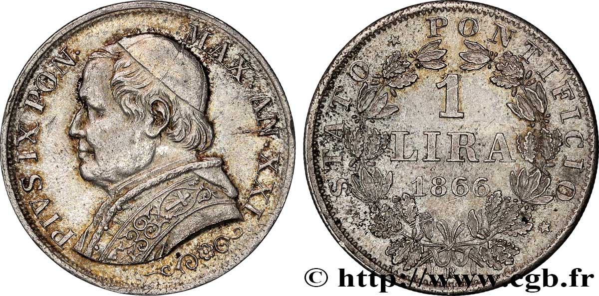 VATICAN AND PAPAL STATES 1 Lire Pie IX type grand buste an XXI 1866 Rome AU 