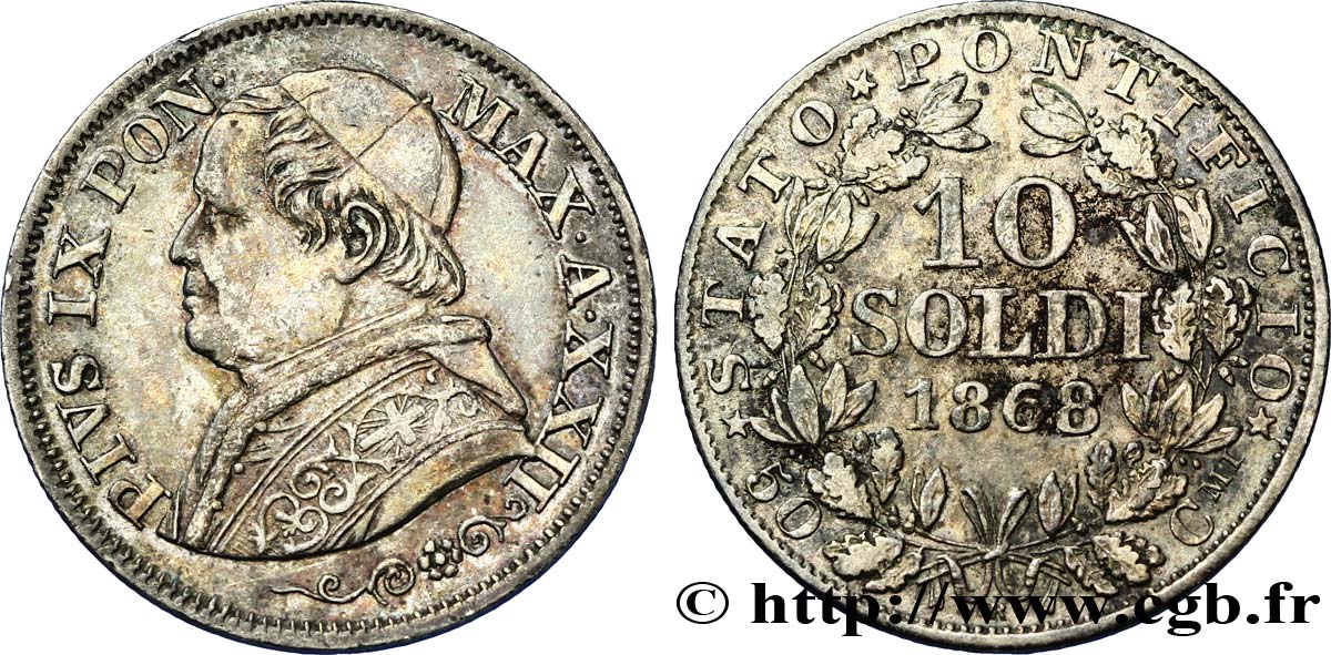 VATICANO E STATO PONTIFICIO 10 Soldi (50 Centesimi) Pie IX an XXII 1868 Rome SPL 