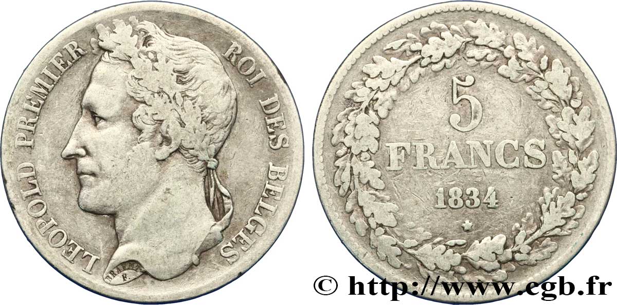 BÉLGICA 5 Francs Léopold Ier tranche position A 1834  BC 