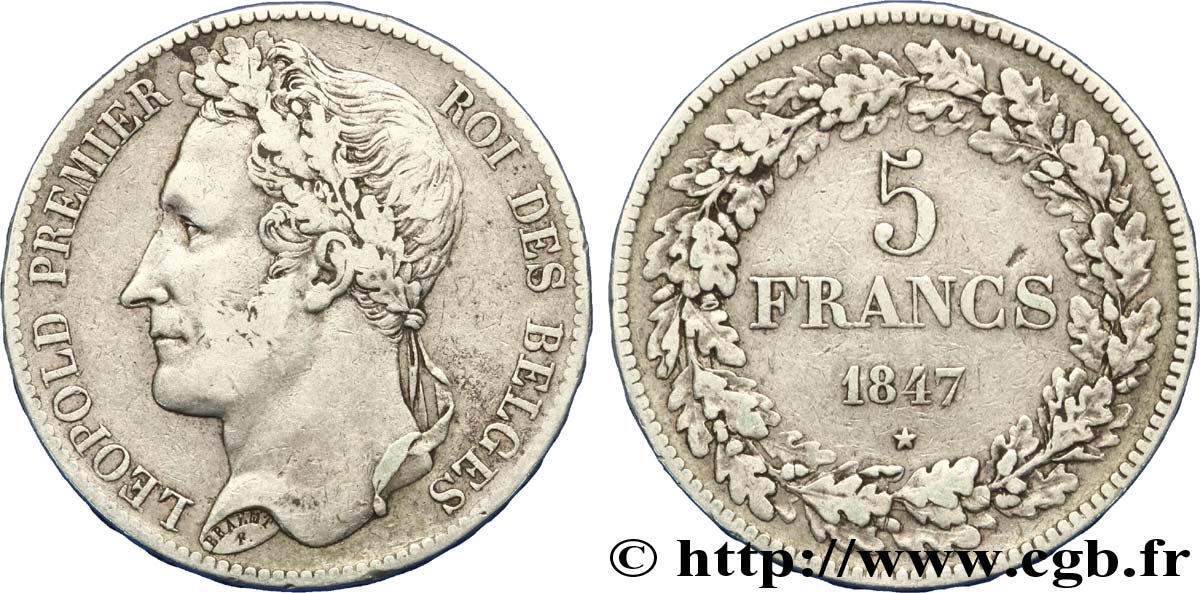 BELGIUM 5 Francs Léopold Ier tête laurée 1847  VF 