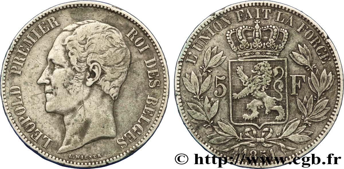 BELGIEN 5 Francs Léopold Ier 1851  SS 