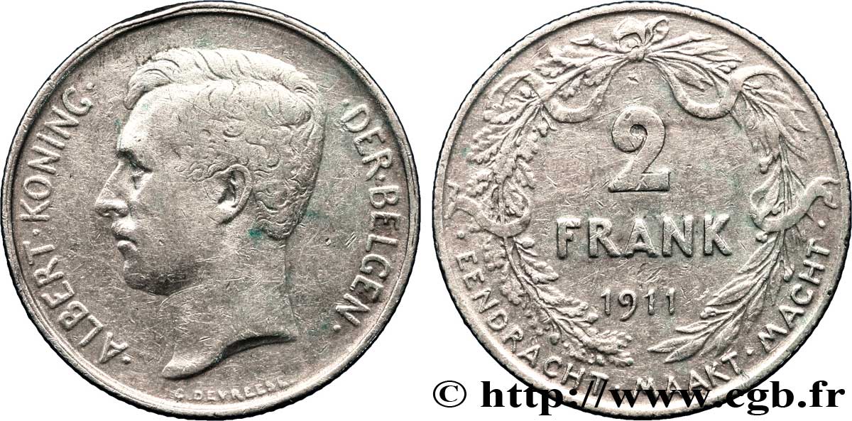 BELGIEN 2 Francs Albert Ier légende flamande 1911  fSS 