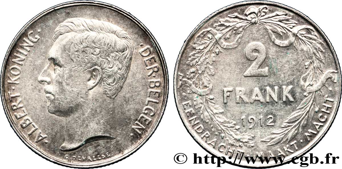 BELGIQUE 2 Francs Albert Ier légende flamande 1912  TTB 