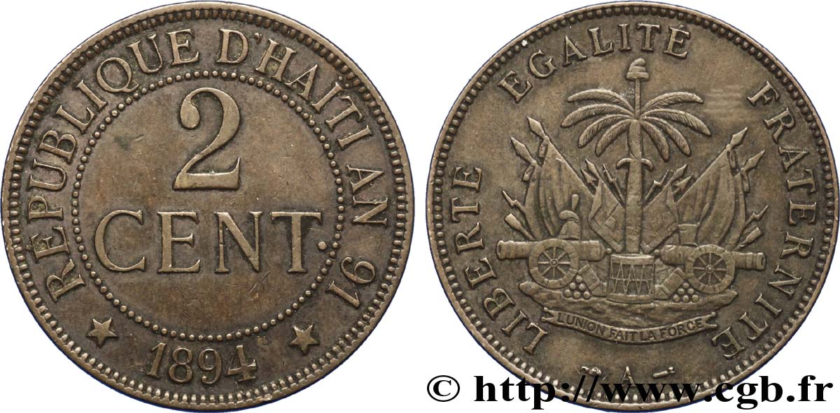HAITI 2 Centimes an 91 emblème 1894 Paris - A BB 