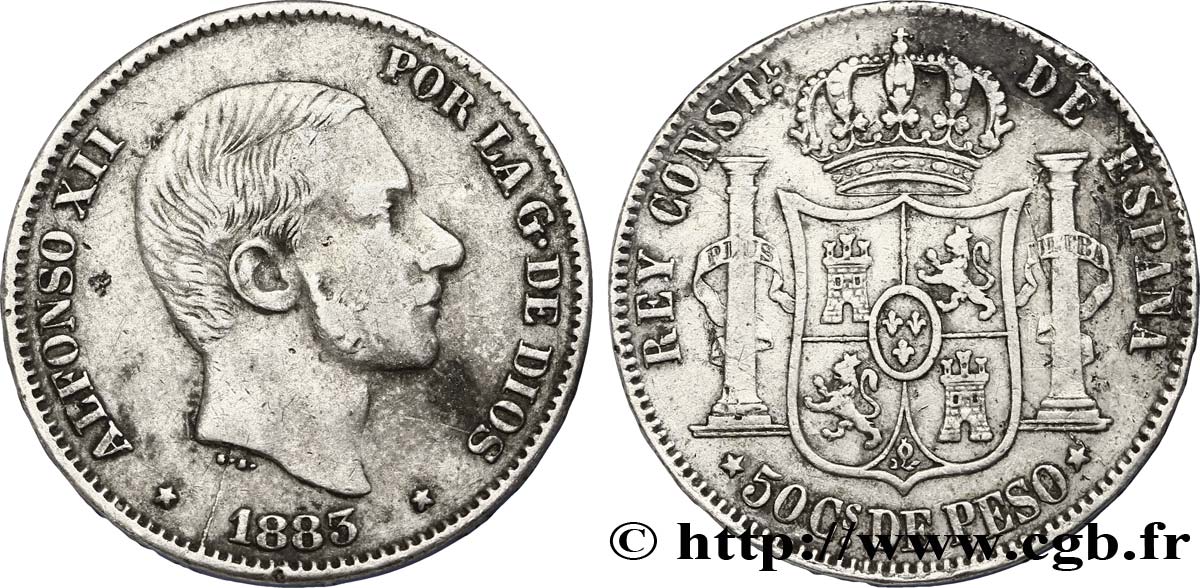 FILIPINAS 50 Centimos de Peso Alphonse XII date surfrappée 1883 Manille MBC 