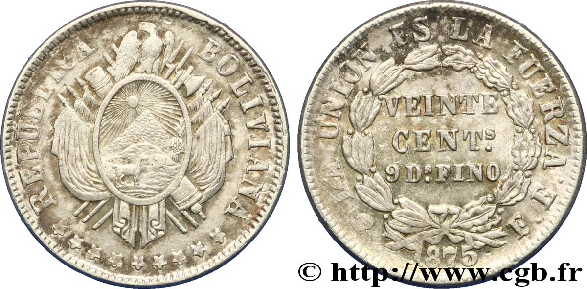 BOLIVIA 20 Centavos 1875 Potosi AU 
