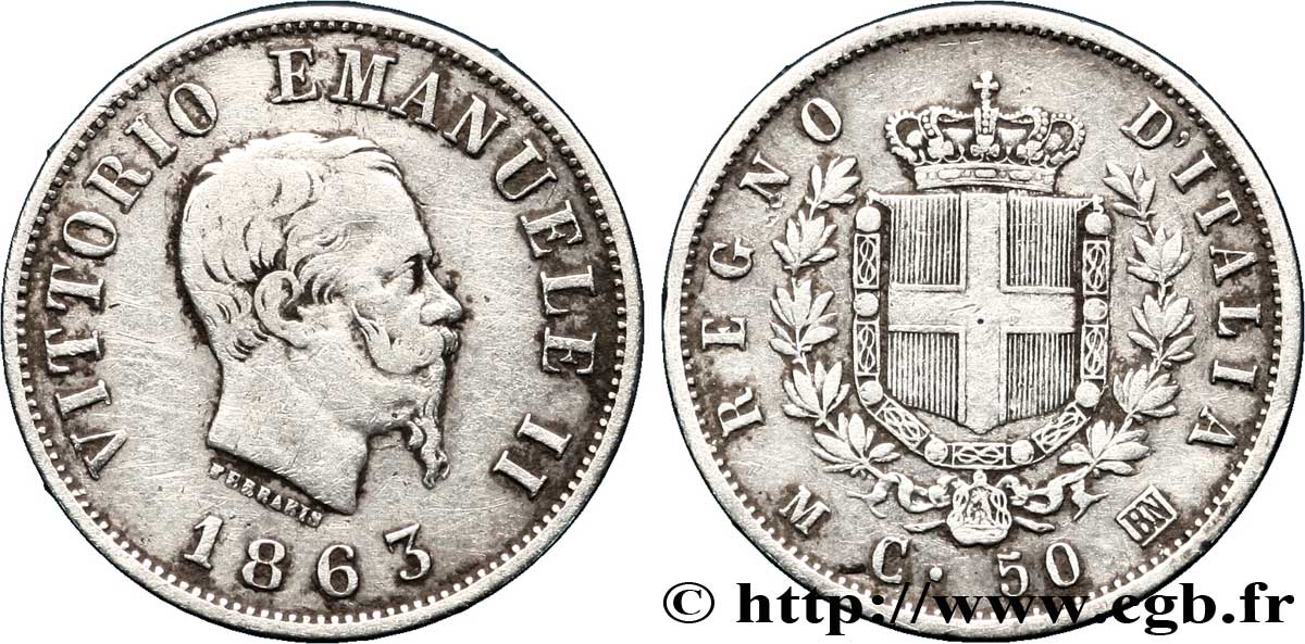 ITALIA 50 Centesimi Victor Emmanuel II type à l’écu 1863 Milan - M BC+ 