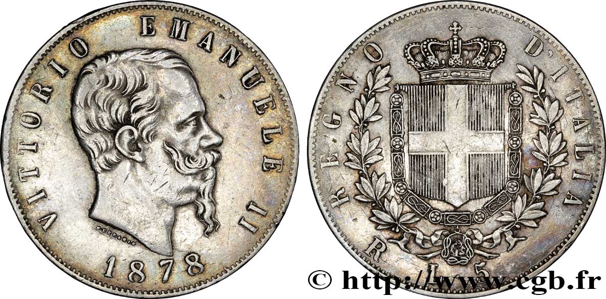 ITALIA 5 Lire Victor Emmanuel II 1878 Rome q.BB 