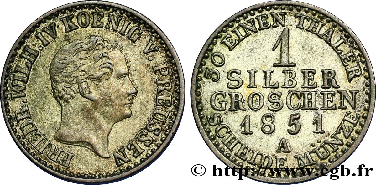 GERMANIA - PRUSSIA 1 Silbergroschen Royaume de Prusse Frédéric-Guillaume IV 1851 Berlin SPL 