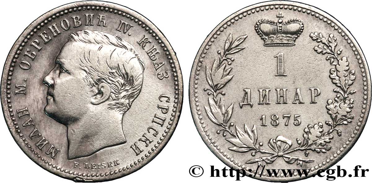 SERBIA 1 Dinar Milan IV Obrenovic 1875 Paris BC+ 