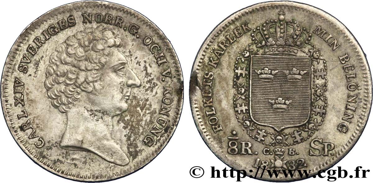 SWEDEN 1/8 Riksdaler Charles XIV (Jean-Baptiste Jules Bernadotte) 1832  AU 