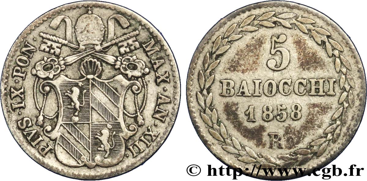 VATICAN AND PAPAL STATES 5 Baiocchi frappé au nom de Pie IX an XIII 1858 Rome XF 