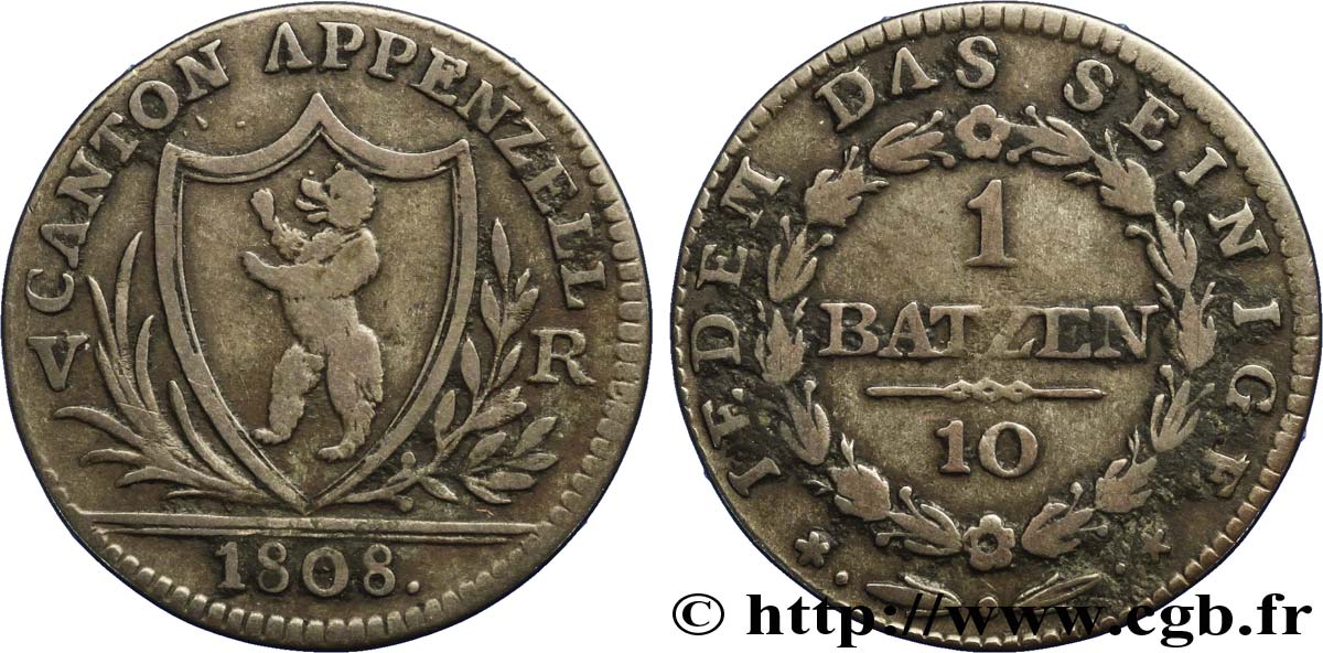 SWITZERLAND - Cantons  coinages 1 Batzen canton d’Appenzell 1808  VF 