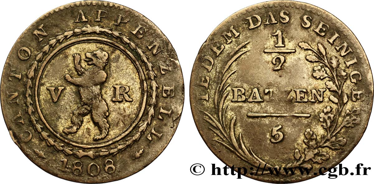 SWITZERLAND - Cantons  coinages 1/2 Batzen canton d’Appenzell 1808  VF 