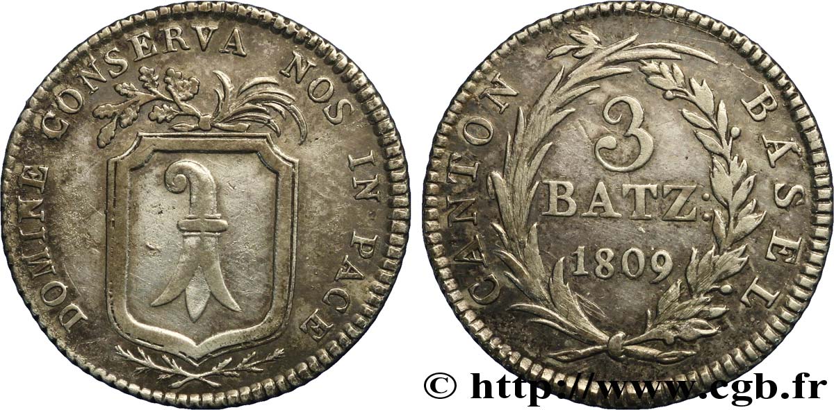 SWITZERLAND - cantons coinage 3 Batzen - Canton de Bâle 1809  AU 