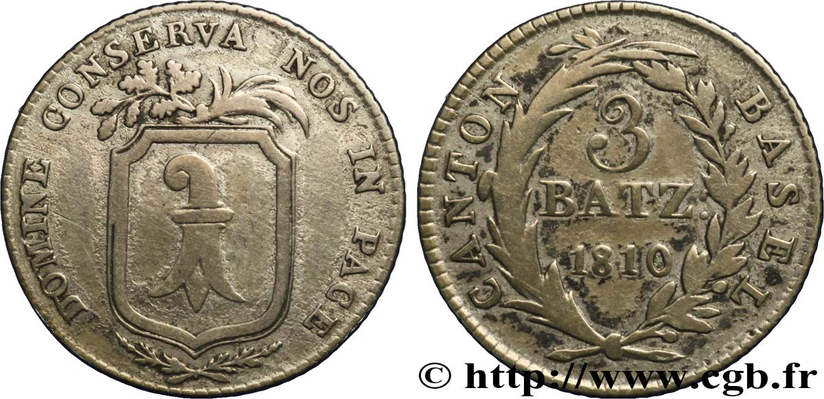 SWITZERLAND - Cantons  coinages 3 Batzen - Canton de Bâle 1810  VF 