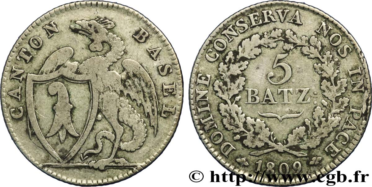 SWITZERLAND - Cantons  coinages 5 Batzen au dragon ailé - canton de Bâle 1809  VF 