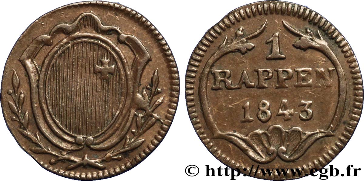 SWITZERLAND - cantons coinage 1 Rappen - Canton de Schwyz 1843  XF 