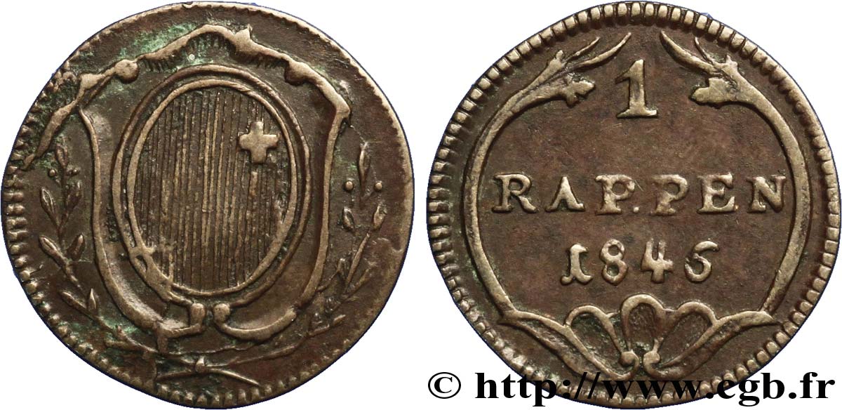 SWITZERLAND - cantons coinage 1 Rappen - Canton de Schwyz 1845  XF 