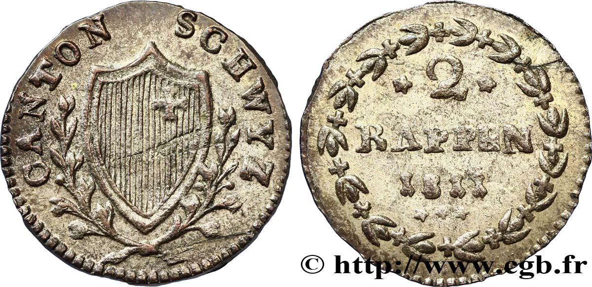 SWITZERLAND - cantons coinage 2 Rappen - Canton de Schwyz 1811  AU 