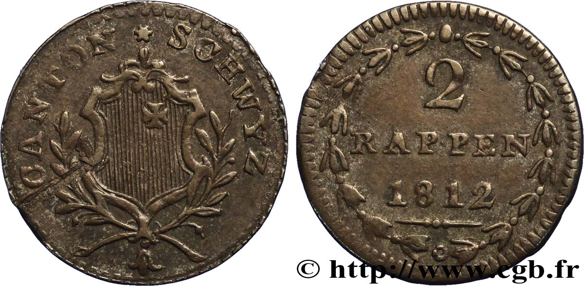 SWITZERLAND - Cantons  coinages 2 Rappen - Canton de Schwyz 1812  XF 