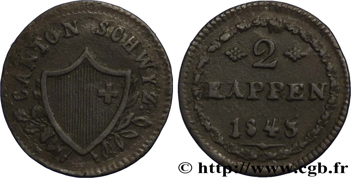 SWITZERLAND - Cantons  coinages 2 Rappen - Canton de Schwyz 1843  XF 