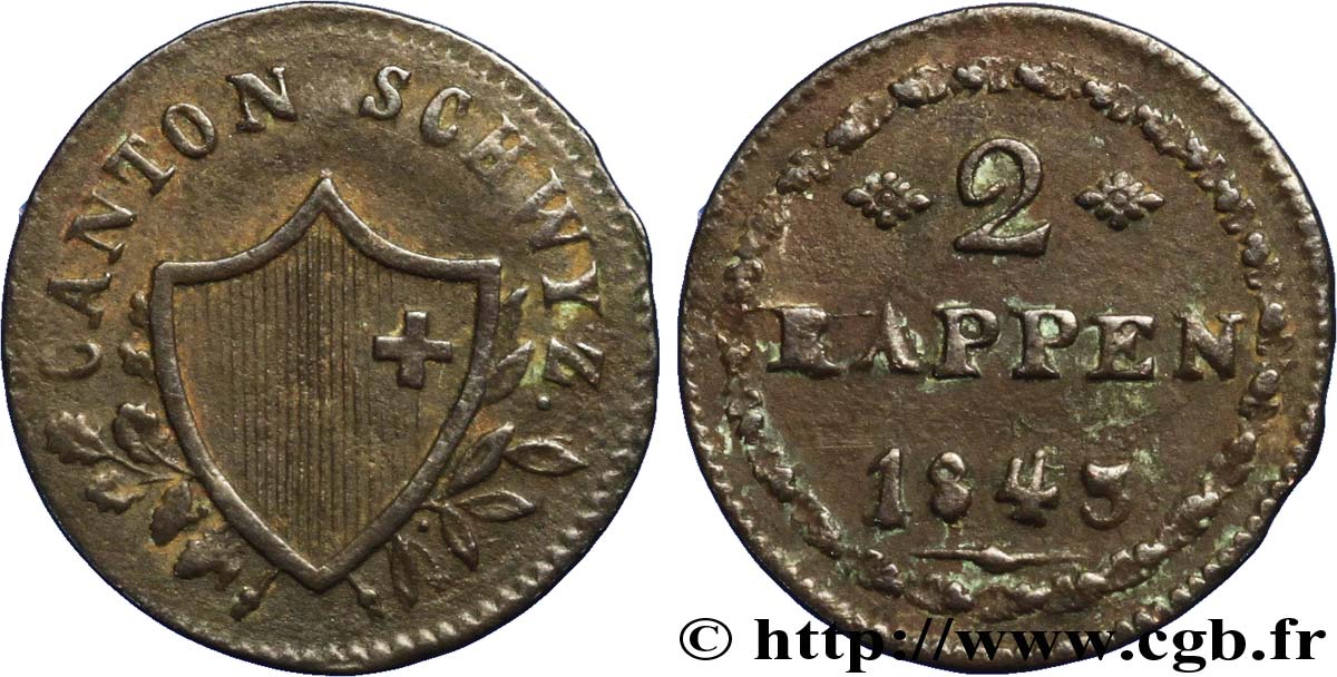 SWITZERLAND - Cantons  coinages 2 Rappen - Canton de Schwyz 1845  XF 